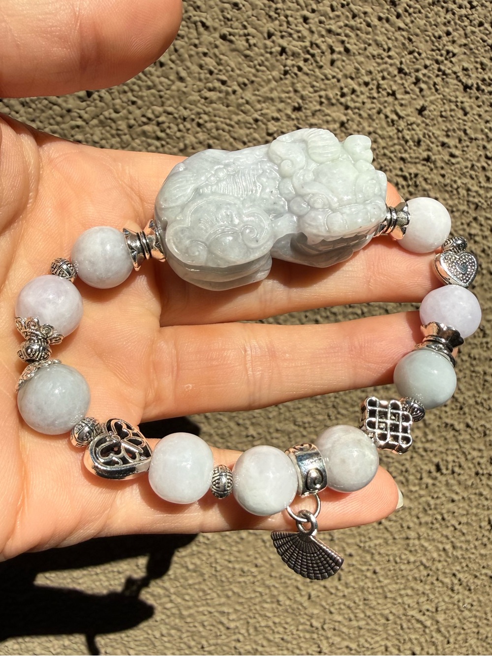 Grade A Jadeite Pixiu Beaded Bracelet with Charms, Icy Lavender/Green, Authentic